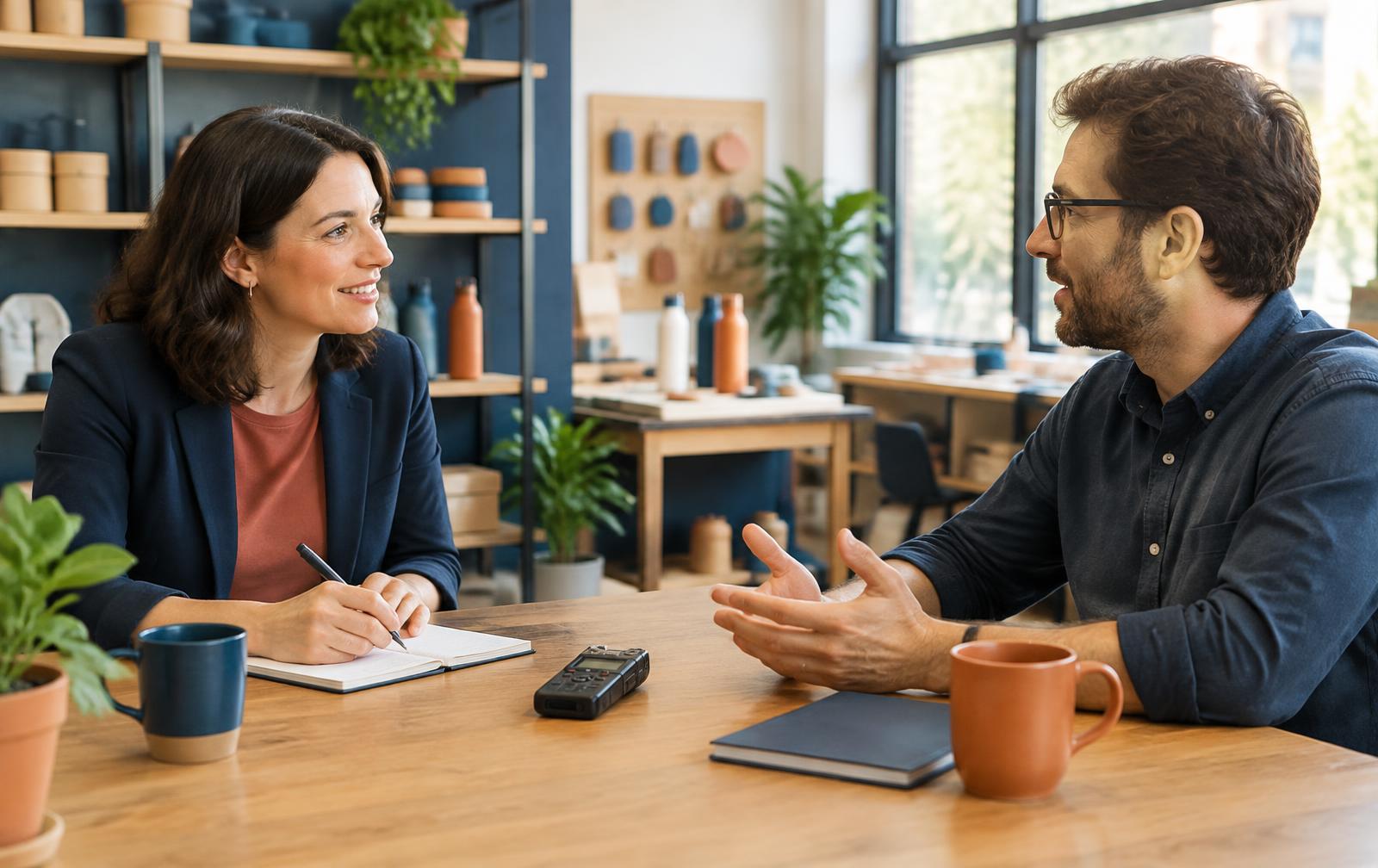 A writer interviewing a customer in a working studio