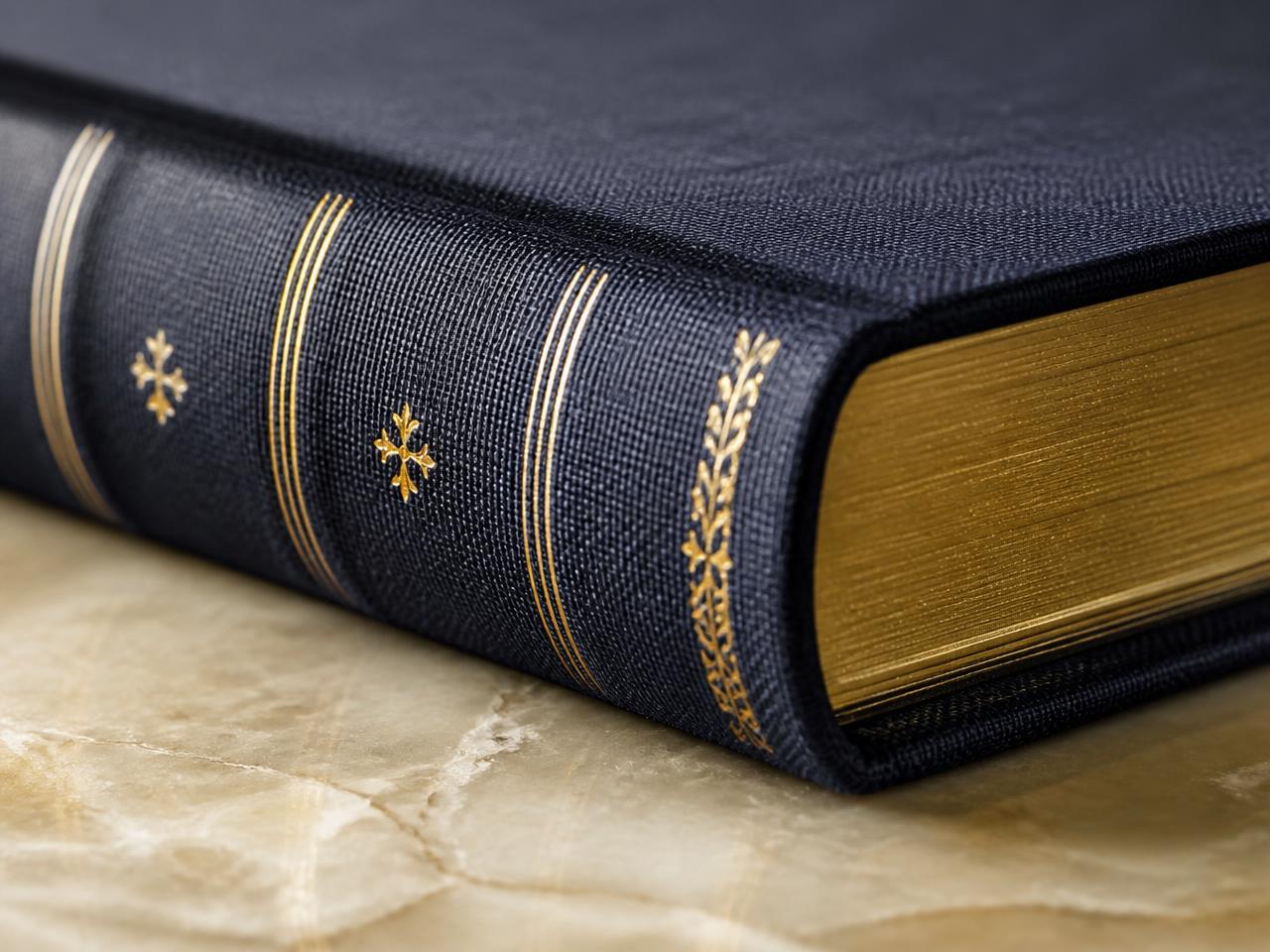 Close-up of a navy linen hardcover spine with gold foil stamping and gilded page edges