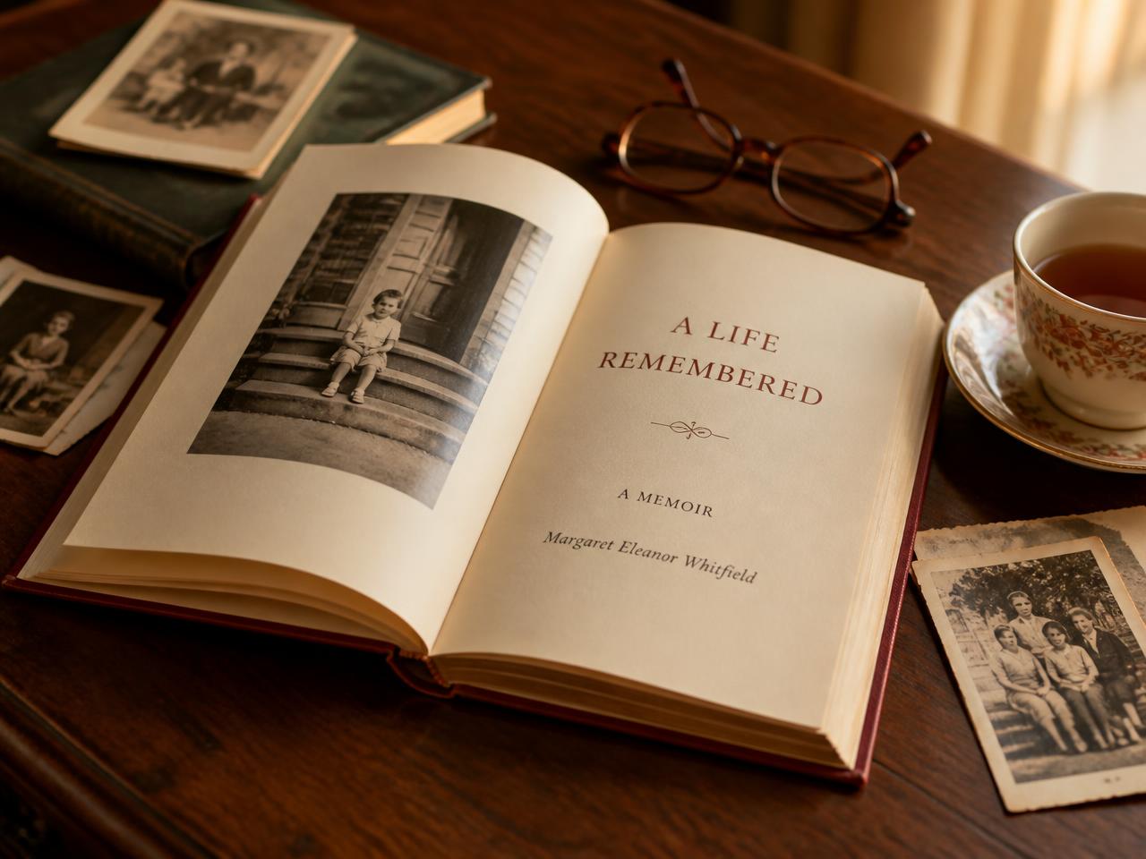 An open hardcover memoir on a walnut coffee table beside vintage family photographs, reading glasses and a cup of tea