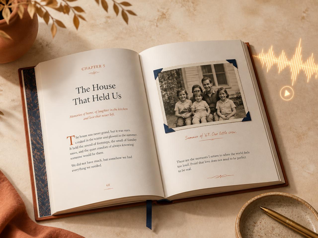 An open hardcover memoir book with a family photograph, beside a glowing audio waveform