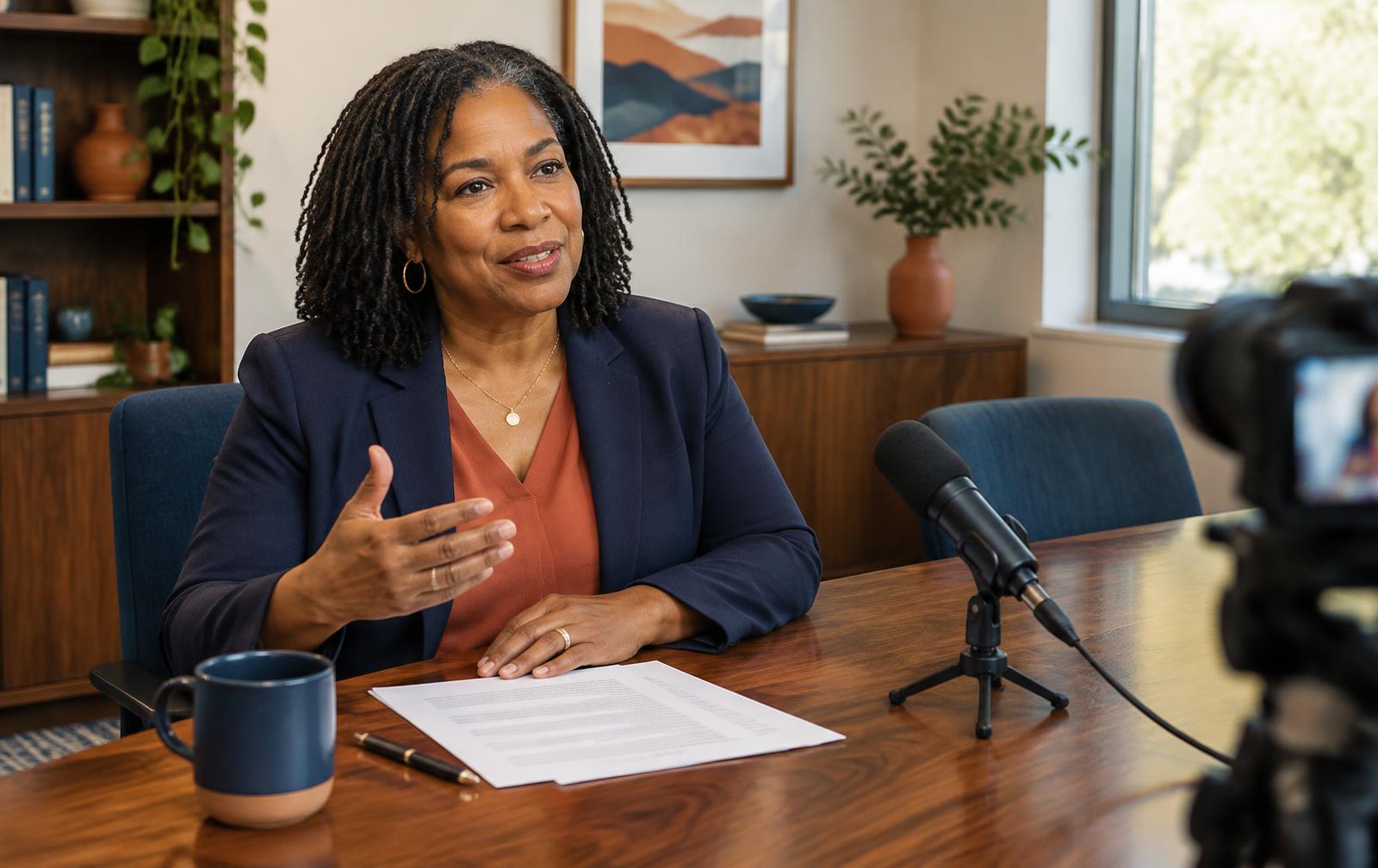 An executive sharing her expertise during a recorded interview