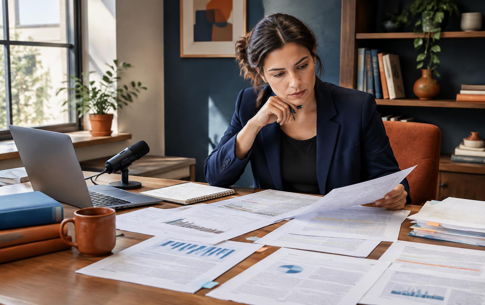 A writer reviewing research reports and interview notes for a whitepaper